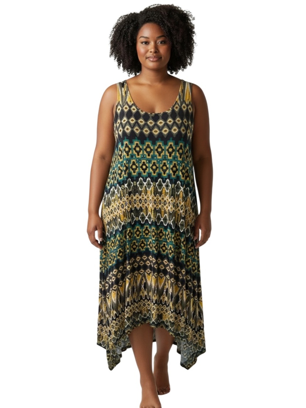DN Design Sleeveless Handkerchief-Hem Maxi Dress in Green & Black